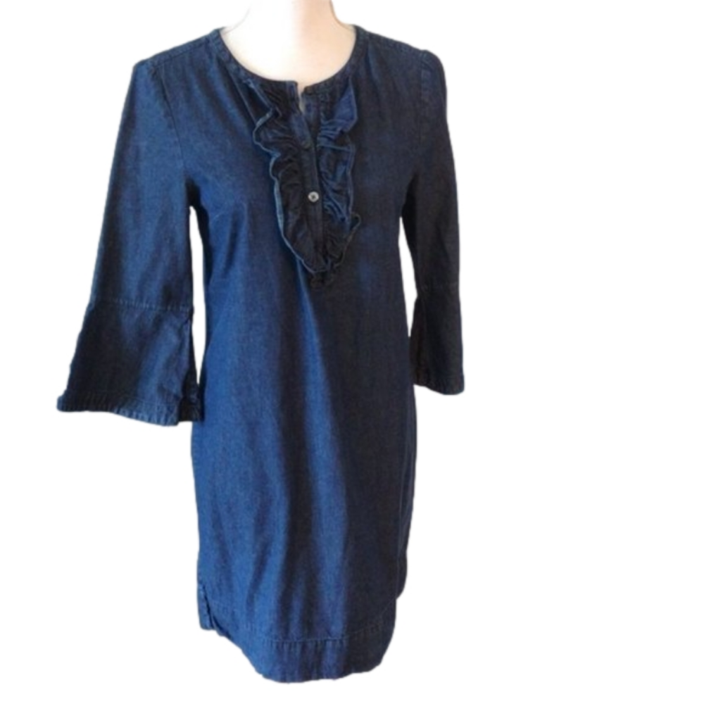 Draper James Dress Womens Size 6 Denim Chambray Ruffle Bell Sleeve Cotton Shift